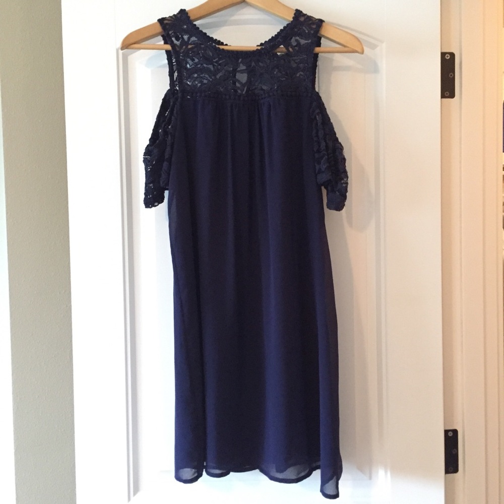Navy Cold-Shoulder Dress with Lace